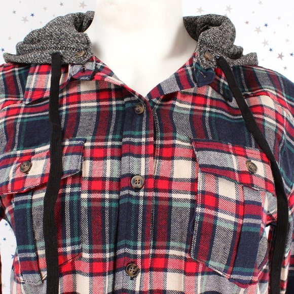 Removable Hood Button Plaid Shirt Taupe Red Navy - Picture 3 of 7